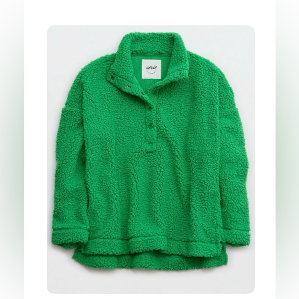 Aerie Green Cowl Neck Plush Fleece Quarter Snap